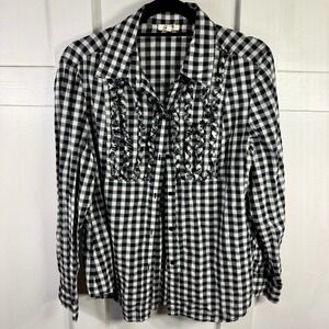 Seven7 Black White Gingham Ruffle Button Down Shirt Women XL Long Sleeve